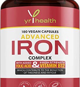 Iron Supplement, 20mg Maximum Strength Anti Fatigue Complex - 180 Vegan Capsules not Iron Tablets for Men & Women with Vitamin B12, Folic Acid,...