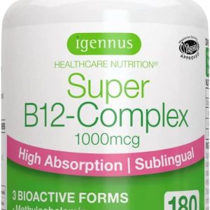 Super B12-Complex 1000mcg, High Absorption Sublingual Vitamin B12 in Three Bioactive Forms with Methylcobalamin, Vegan, 180 Tablets