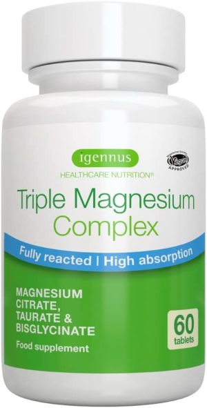Triple Magnesium Complex, 2000mg Magnesium Citrate, Bisglycinate & Taurate, Providing 262mg Elemental Magnesium, Vegan, 60 Tablets, by Igennus