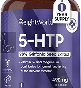 5HTP High Strength - 490mg Griffonia Seed Extract - 365 Vegan Tablets (1 Year Supply) - 5 HTP Supplement with Magnesium & Vitamin B6 - Easy to...