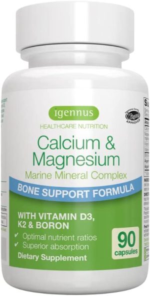 Calcium & Magnesium, 2:1 Plant Based Mineral Complex with Boron, Vitamin D3 & K2, High Absorption Bone Support Formula with Cofactors, Vegan, 90...