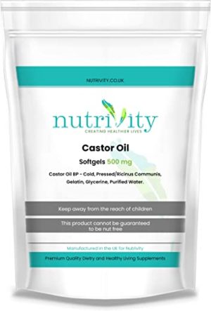 Castor Oil 500mg Soft Gels | Intestinal Help | Constipation Relief | Healthy Hair & Skin | Made in The UK to GMP Standards by Nutrivity (30)
