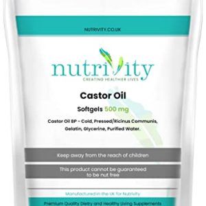 Castor Oil 500mg Soft Gels | Intestinal Help | Constipation Relief | Healthy Hair & Skin | Made in The UK to GMP Standards by Nutrivity (120)