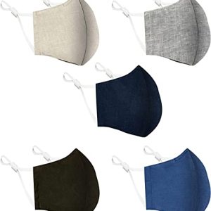 Cotton Linen Face Mask 5 Pack | Handmade in UK Washable Reusable with Nose Wire | Filter Pocket | Adjustable Ear Loops | 3 Layers Cloth Face Masks...
