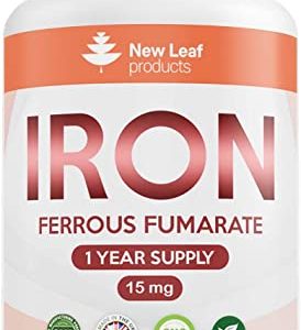 Gentle Iron Tablets High Strength 15mg - 365 Ferrous Fumarate Iron Tablets (1 Year Supply) - Vegan Iron Supplements for Men & Women's Health -...