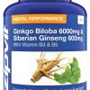 Ginkgo Biloba and Siberian Ginseng, Standardised Ginkgo 6000mg and Ginseng 600mg with Vitamins B3 and B5. 120 Vegan Tablets. 4 Months Supply.