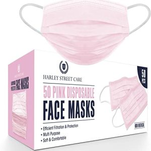 Harley Street Care Disposable Pink Face Masks Protective 3 Ply Breathable Triple Layer Mouth Cover with Elastic Earloops (Pack of 50)