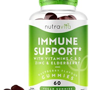 Immune Support Gummies - Elderberry Extract (4500mg Equivalent), Vitamin D 1000iu, Vitamin C & Zinc - 60 Raspberry Flavour Vegan Gummies - Maintain...
