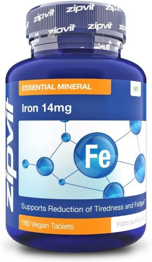 Iron Tablets 14mg, 180 Vegan Tablets. Supports Cognitive Function and The Immune System. Reduces Tiredness and Fatigue. Vegetarian Society Approved.