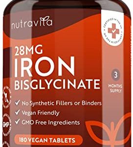 Iron Tablets 28mg – 180 Vegan Tablets (3 Month Supply of Iron Supplements) – Contributes to The Reduction of Tiredness and Fatigue – Suitable for...