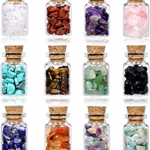 JSDDE 12 Mini Crystals Stone Chip Bottles Healing Crystal Tumbled Gemstone Wishing Bottles Wicca Stones Set for Balancing Meditation Home Decoration