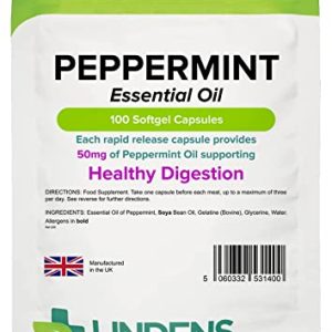 Lindens Peppermint Oil 50mg Capsules - 100 Pack - Essential Oil of Peppermint Supporting Healthy Digestion. - UK Manufacturer, Letterbox Friendly