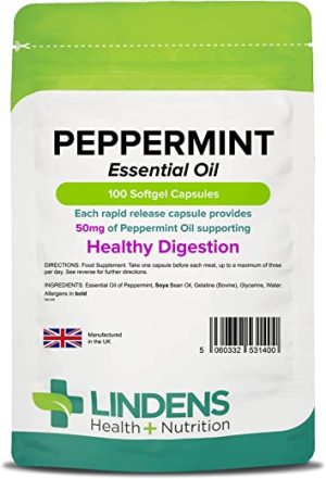 Lindens Peppermint Oil 50mg Capsules - 100 Pack - Essential Oil of Peppermint Supporting Healthy Digestion. - UK Manufacturer, Letterbox Friendly