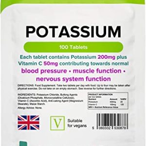 Lindens Potassium 200mg Tablets with 50mg Vitamin C - 100 Tablets - Contributes to Normal Blood Pressure, Muscle Function and Nervous System...