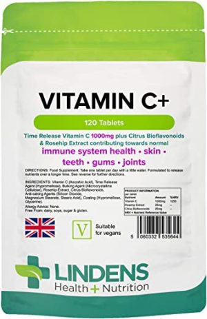 Lindens Vitamin C+ 1000mg - 120 Tablets - Time Release Tablets with Citrus Bioflavonoids and Rosehip - Contributes to Immune System Health, Reduces...