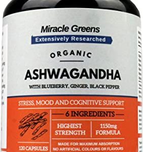 Organic Ashwagandha 1150mg | Boosted with Blueberry, Turmeric, Ginger, and Black Pepper | 120 Capsules for Mood, Anxiety & Stress Relief | Max...