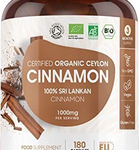 Organic Cinnamon Capsules 1500mg per Serving (3 Capsules) - 180 Vegan Capsules - Ceylon Cinnamon Powder - Soil Association Certified Digestion...