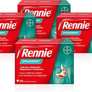 Rennie Antacids, Spearmint Flavour Heartburn Relief and Indigestion Tablets, Fast and Effective Relief for Acid Reflux, 4 Packs of 96 Tablets