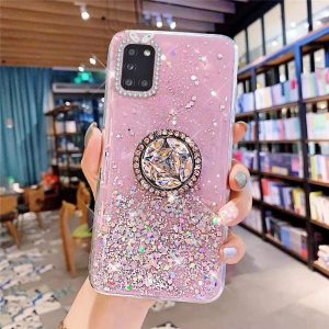 Uposao Case for Samsung Galaxy A31 with Phone Ring Shiny Glitter Star Design Transparent TPU Silicone Gel Bumper Case Cover Protective Case, Pink