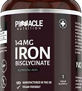 Iron Tablets 14mg - 365 Tablets (12 Months Supply) - High Strength Vegan Iron Bisglycinate Supplement - Reduces Tiredness and Fatigue - for Men &...