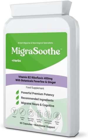 Migraine Relief Feverfew + Ginger + Vitamin B2 Riboflavin 400mg per Capsule - Migrasoothe + Herbs NHS Recommended Ingredients UK Made Stress,...