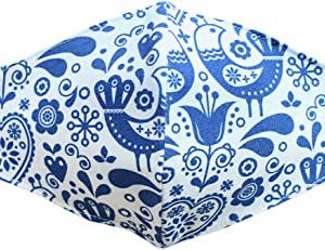 Unisex Face Mask Folk Motives - Reusable and Washable, Anti-dust, 100% Cotton Fold-flat Face Shield (Medium, Blue birds)