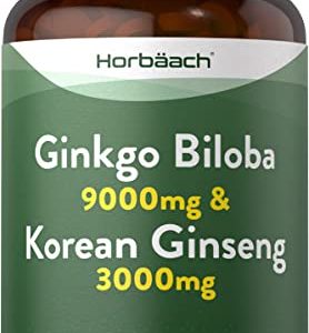Ginkgo Biloba and Ginseng Tablets | High Strength | Ginkgo 9000mg & Korean Ginseng Root 3000mg | 180 Vegan Tablets | by Horbaach