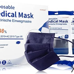 Medical Disposable Face Mask Type IIR, 50 Units, Navy Blue, CE Certified, BFE ≥98%, EN 14683:2019+AC:2019