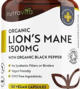 Organic Lions Mane Mushroom 1500mg - 120 High Strength Vegan Capsules (Not Powder) - Lions Mane Supplement with Organic Black Pepper - Made in The...