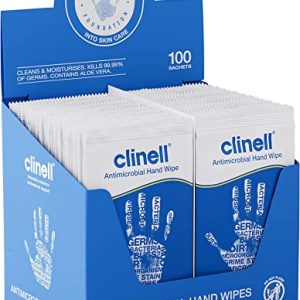 Clinell Antimicrobial Hand Wipes - Sanitising Wipes, Ideal for Travel - Dermatologically Tested, Kills 99.99% of Germs - Pack of 100 Sachets