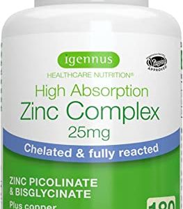 High Absorption Chelated Zinc Complex 25mg with Copper, Gentle Zinc Picolinate & Bisglycinate for Skin, Immune, and Cellular Health, 180 Tablets,...