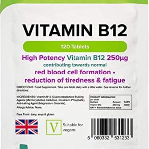 Lindens Vitamin B12 250mcg - 120 Pack – Tablets for Red Blood Cell Formation and Fatigue Reduction - Fast Absorption - UK Manufacturer, Letterbox...