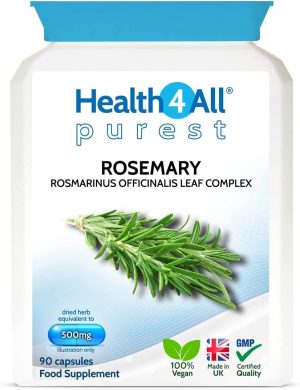 Rosemary 500mg 90 Capsules (V) (not Tablets) Purest- no additives. Memory, Focus and Learning. Natural Vegan Nootropic. Made in The UK by Health4All
