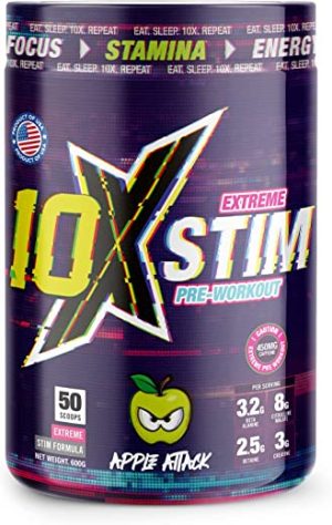 10X Athletic Stim Pre Workout Beta Alanine High Caffeine Creatine Sugar Free Vegan Low Calorie Various Flavours 600g 25/50 Servings (Apple Attack)