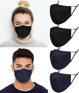 ecotru UK 4 Pack Washable & Reusable Cotton Face Masks, 2 Black, 2 Blue with Nose Wire for Glass Wearers, 3-Ply Fabric Mask with Filter Pocket &...
