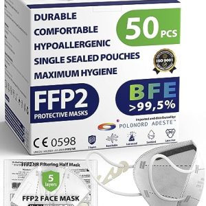FFP2 Masks Pack of 50 - CE certified, controlled supply chain, comfortable, hypoallergenic, and adjustable elastic bands. Safe: filtration in wear...