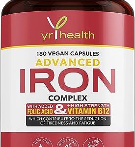 Iron Supplement, 20mg Maximum Strength Anti Fatigue Complex - 180 Vegan Capsules not Iron Tablets for Men & Women with Vitamin B12, Folic Acid,...