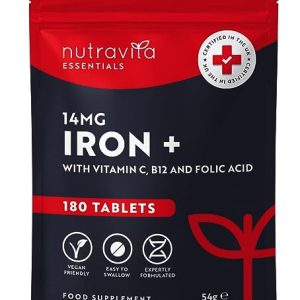Iron Tablets High Strength 14mg – 180 Vegan Iron Tablets, 6 Month Supply - High Absorption Iron Supplements for Women & Men - with Vit C, B12,...
