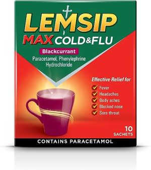 Lemsip Max Cold and Flu Blackcurrant Sachets, With Paracetamol, Pack Of 10 (Packaging May Vary)