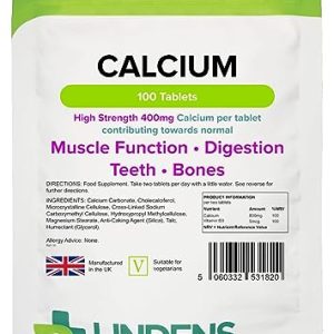 Lindens Calcium 400mg Tablets with Vitamin D3-100 Tablets - Contributes to Normal Muscle Function, Bones, Teeth and Digestion - 50 Days - UK...