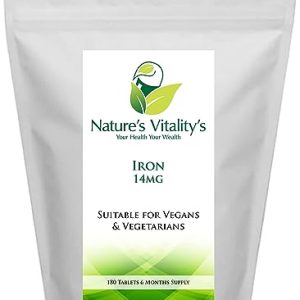 Nature's Vitality's Iron Tablets 14mg 180 Tablets 6 Months Supply Suitable for Vegans & Vegetarians Gentle Iron Support Contributes to Normal...