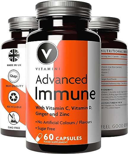 Premium Immune System Booster – Powerful Blend with Vitamin D 1000iu, Vitamin C 400mg, Vitamin A & Zinc – 60 Capsules – 30 Day Supply – Made in The UK
