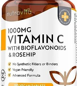 Vitamin C 1000mg – 180 Premium Vegan & Vegetarian Tablets – 6 Month Supply – High Strength Ascorbic Acid – with Added Bioflavonoids & Rosehip – for...