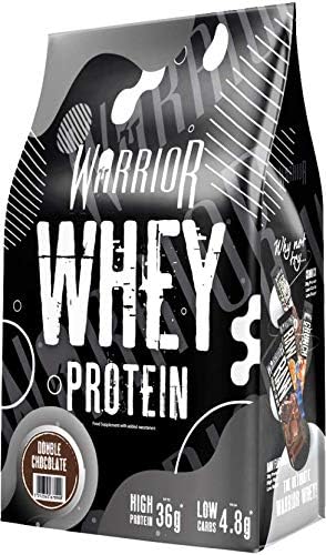 Warrior Whey Protein Powder – Up to 36g* of Protein Per Shake – Low Sugar, and Low Carbs Supplement – GMP Certified (Double Chocolate, 1kg)
